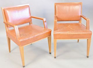 Pair of mid-century style armchairs, red leather upholstery, square tapered legs, heavy damages and loss, ht. 33", wd. 24 1/2", dp. 22".