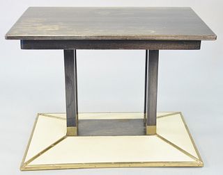Josef Hoffman (1870 - 1956) table, model no. 1255, having ebonized beachwood top on copper and cream colored leather, upholstered base bearing burn ma