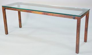 Contemporary metal console table with glass top, light wear and some surface scratches, ht. 28", top 22" x 72", Provenance: The Estate of Ed Brenner, 
