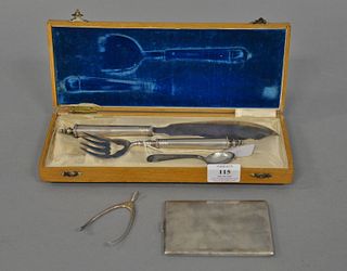 Sterling silver lot: cigarette case, tongs, baby spoon, 2 piece fish set marked "84" in fitted box, 12.3 t.oz. total weight.