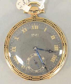 14k gold Gruen Very Thin open face pocket watch, black enameling around front and back, 45mm, total weight 1.9 t.oz.