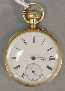 14k gold open face pocket watch case marked E. Bronner & Co., spiral breguet 43015, 44.7 total weight, 2.3 t.oz.