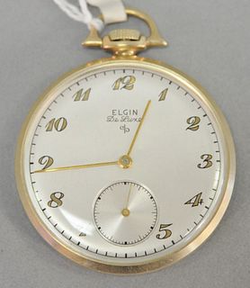 14k gold Elgin Deluxe open face pocket watch, 43mm total weight, 1.5 t.oz. back cover monogrammed "25 Years Service Royal Typewriter".