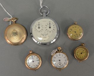 Six piece lot, five gold plated pocket and lapel watches along with a Junghans stopwatch.