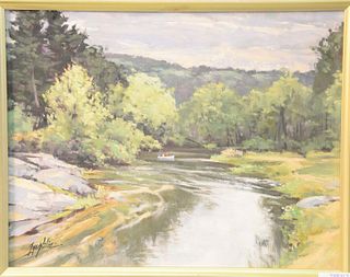 John Loughlin (American, 1931 - 2004), depicts summer river scene with two figures in boat in distance, oil on board, signed lower left "J. Loughlin",