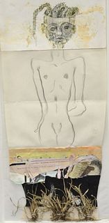 Bettina Hubby (b.1968), "Bettina", 1993, mixed media on paper, depicts nude figure and collaged paper and grass, inscription verso, 21 1/2" x 10".