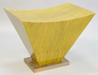 Contemporary wooden bench sculpture with a green lacquer, wedge shaped on rectangular metal base, light wear and some loss to edges, 22" x 30" x 17 1/
