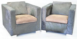 Pair of Minotti club club chairs,"Suitcase" line, designed by Rodolfo Dordoni, black fur upholstery with brown upholstered seat cushions, 25" h.