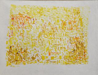 Contemporary acrylic on board, yellow and gold palette knife, abstract composition, illegibly signed lower right, framed, 32 1/2" x 42 1/2", Provenanc