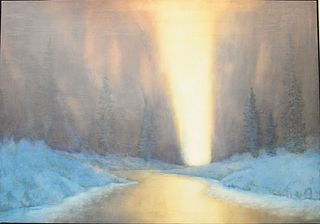Ron Richmond (b. 1941), "An Agreement," 1994, depicts a hazy sunlit stream, oil on board, signed and dated verso, framed, panel 42" x 60", signed lowe