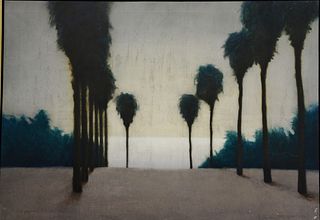 Ron Richmond (b. 1941), "A Progression", 1994, oil on board, depicts a palm tree lined path with ocean, signed and dated verso, framed, panel 42" x 60