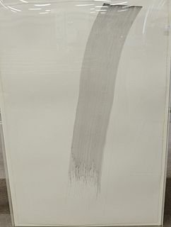 Ink on paper, depicts black "paint stroke" form with single red line, encased in lucite frame, frame 43" x 62 1/2", Provenance: Property from the Cred