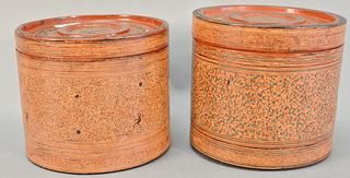 Pair of Burmese circular lidded boxes with inserts, decorated with polychrome motifs, 6 1/2" h.