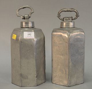 Pair continental pewter jugs, 18th C. pewter with screw tops and ring stopper, both engraved with initials, possibly humidors or wine bottles, 10" h.