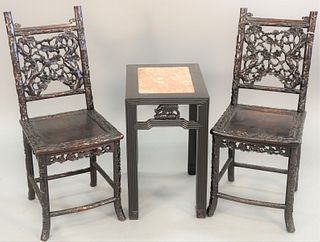 Three piece lot to include, pair of Chinese child's teak chairs, plus marble top stand (marble cracked on chair), ht., 29 3/4 in., seat height 14 1/2i