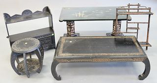 Six piece Asian lot, includes: a two-panel screen with bird carvings; two low tables, one with carved border, one with glass-top and mother of pearl i