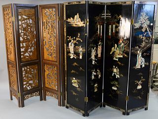 Two Asian four panel screens, including: one with black lacquer finish, raised figural decoration, silver and gold painted border, some wear and loss,