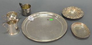 Sterling silver lot with teapot, round tray, mug, sugar and creamer, two dishes, t.oz. 43.1, Provenance: Estate of William and Teresa Patton, Lake Ave