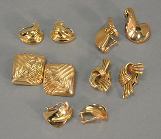 Five pairs of 14K gold earrings. 43.8 grams total weight.