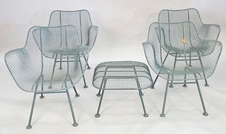 Set of four sculptura armchairs and footstool in green, chairs, 27" h.