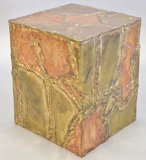 Brutalist mixed metal cube table sculpture, unsigned, 19 1/2" h. , top 16" x 16".