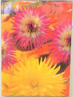 Peter Dayton (b.1955), "Dalias", 1995, collage and resin on canvas, depicts pink and yellow dahlias, signed and dated verso, 11 1/8" x 8 3/4".