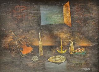 Leonardo Nierman (Mexican, b. 1932), "Untitled" still life with instrument, bottle, etc., oil on canvas board, signed "Nierman" lower right, framed, 1