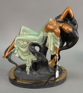 Angelo Basso (Italian, b. 1943), "Vanity", bronze sculpture with reclining woman holding a mirror, signed "A. Basso", 17 1/2" h. x 15" w. x 10 1/2" d.