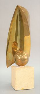Abstract bronze sculpture, ball and wing form, on squared marble base, illegibly signed, 19" h.
