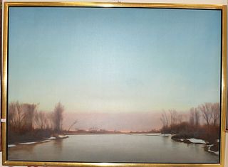 Bruce Brainard (b. 1962), oil on canvas, "An Accepted Offering", 1994, depicts a calm lake at sunrise, framed, signed lower right "Bruce Brainard" tit