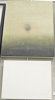 Two contemporary modern paintings, 20th C. sheet metal with white coating, 11" x 14", faint image of face at center, "General Graphics Exhibits", San 