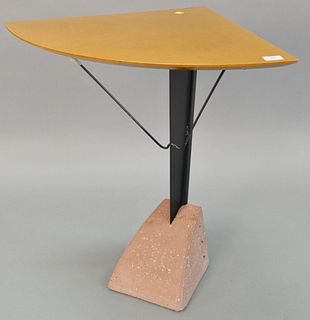 Pie-shaped modern end table, rose colored stone base, 29" h. x 21 1/2" d.