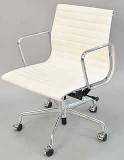 Modern office swivel chair, chrome with white upholstery, 32" h.