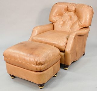 Leathercraft brown leather armchair and ottoman, tufted back, chair: ht. 34", wd. 33", dp. 22 1/2" (seat); ottoman: ht. 18", wd. 27", dp. 17", both pi