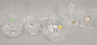 Group of eight pieces of glass, including: two Val Saint Lambert Bowls, Waterford decanter, Orrefors decanter; Waterford clock and bowls, etc. [Proven