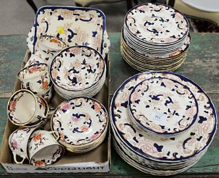Three tray lot: Mason's Ironside "Mandalay" pattern partial service, including: plates, cups, saucers, snack try, bowls, etc., light wear/loss, sixty-