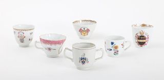 FOUR CHINESE EXPORT ARMORIAL PORCELAIN CUPS WITH HANDLES TWO OTHER CUPS