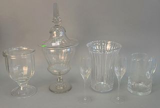 Six pieces of glass, including: two glass compotes including a William Yeoward footed urn compote, 10" h. and a footed urn compote with lid, 20" h.; a
