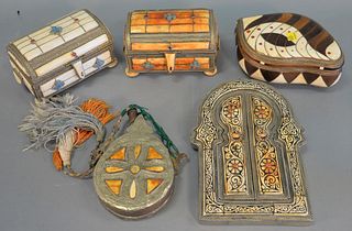 Five Moroccan bone and brass items including: three boxes with leather interiors; a flask; and one tabernacle wall mirror with leather back, 9 1/4" h.