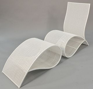 Perforated metal lounge chair and ottoman, 35 1/2" h. x 65" l. Provenance: The Estate of Andrew Wolf, New Haven, CT, Arts Chief.