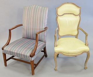 Two armchairs including a Federal style chair with striped upholstery and a French style armchair with light yellow leather upholstery, 45" h. x 24" w