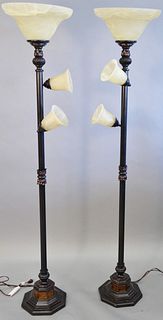 Pair of contemporary three-light floor lamps on octagonal base, acanthus motif to shaft, 71 1/2".