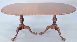 Custom mahogany oval double pedestal dining table with ball and claw feet and rope edge, 29" h., top 43" x 69"; open 43" x 109".