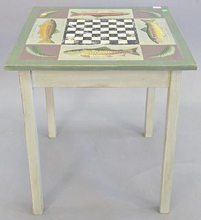 Game table painted with various trout, 26" h., top 24" x 24", Provenance: Former home of Mel Gibson, Old Mill Rd, Greenwich, CT.