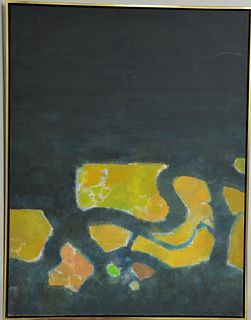 Contemporary, oil on canvas, framed, black with yellow and green abstract forms to lower half, signed illegibly, canvas 64" x 49", Provenance: Propert