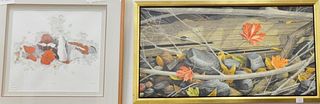 Eight piece lot of artwork: Normand Gladu (B1950), oil on canvas, "The Fallen Leaf", Galerie Bernard Desroches label on back, 19" x 37"; five oil canv