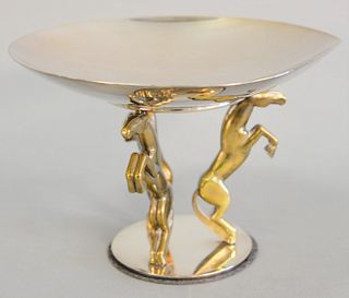 Puiforcat silverplate compote on figural tripod base of bronze tone rearing horses, 7".  [Property from the Collection of Ginny and Henry Mancini].