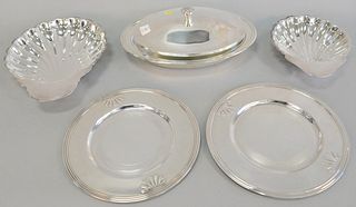 Five pieces of Christofle silverplate, including a covered tureen 14", two shell form dishes and two trays.  [Property from the Collection of Ginny an