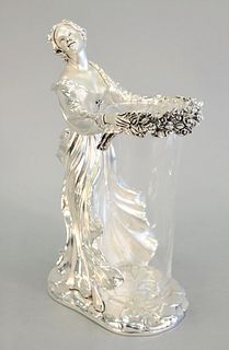 Silvered figured vase, woman with garland holding a glass vase, illegibly signed to base, 12".  [Property from the Collection of Ginny and Henry Manci