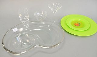 Seventeen pieces of glass including six Christofle martini glasses; a Baccarat tumbler; four Smyers footed bowls , center dish signed "Annie, 1999/10,